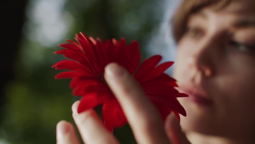 A young woman is feeling the red petals of a flower