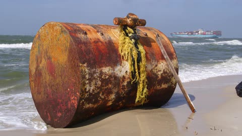 Large rusty oil drum sitting on an ocean beach