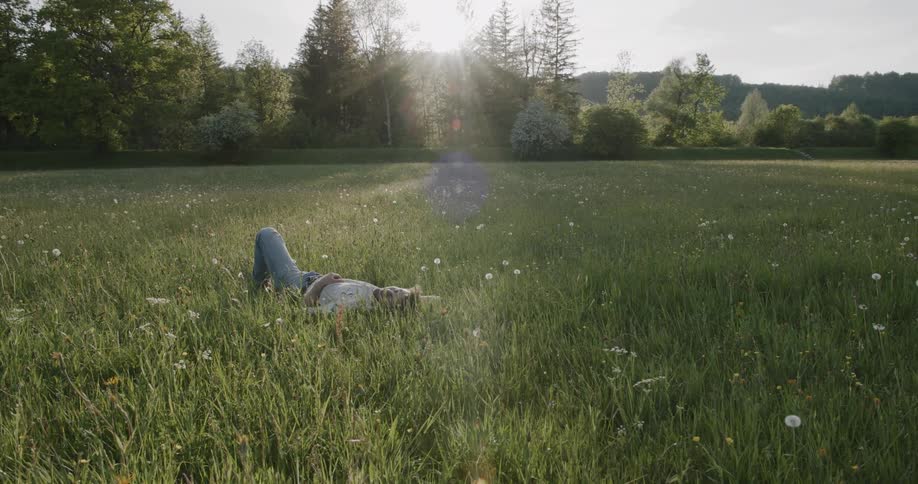 Man relaxing alone in a sunny grassy field surrounded by trees