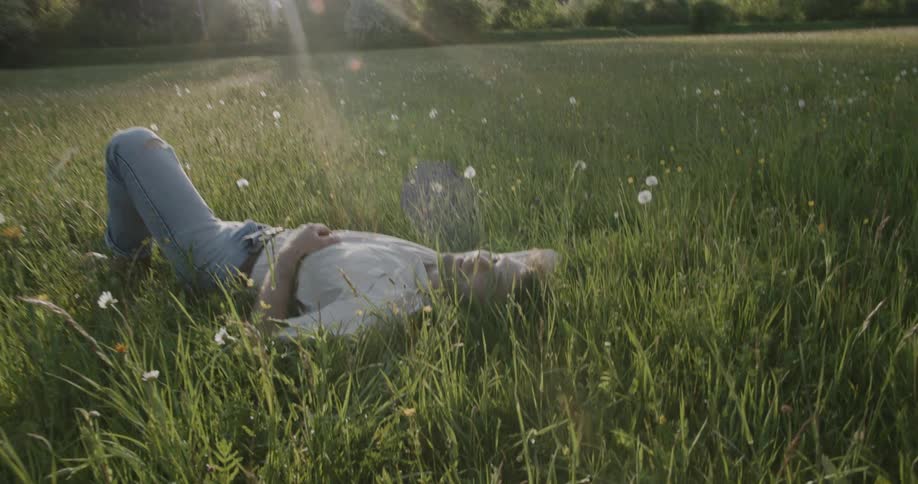 A person lies in tall grass and wildflowers under sunlight with hills and trees in the background