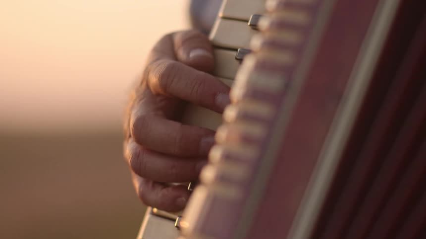 The man presses the keys on the accordion