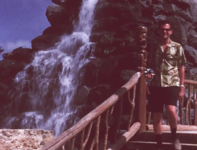 A man stands on a walkway near a waterfall
