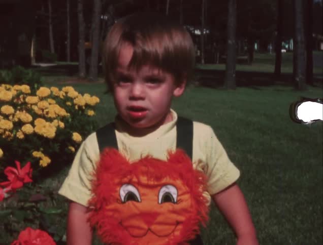 A boy is standing on a lawn wearing a costume