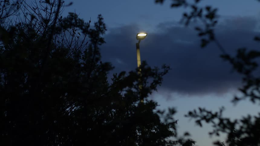 A lit street security light on a pole outdoors at night