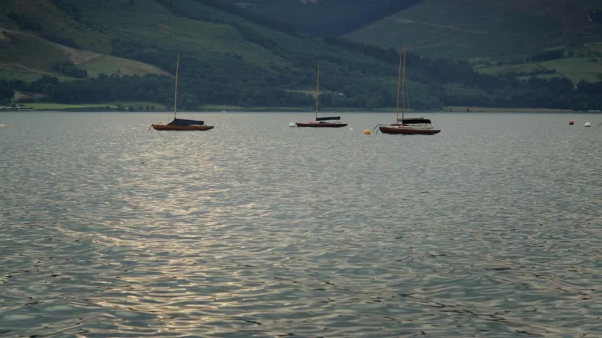 Landscape of still boats on the river at sunset