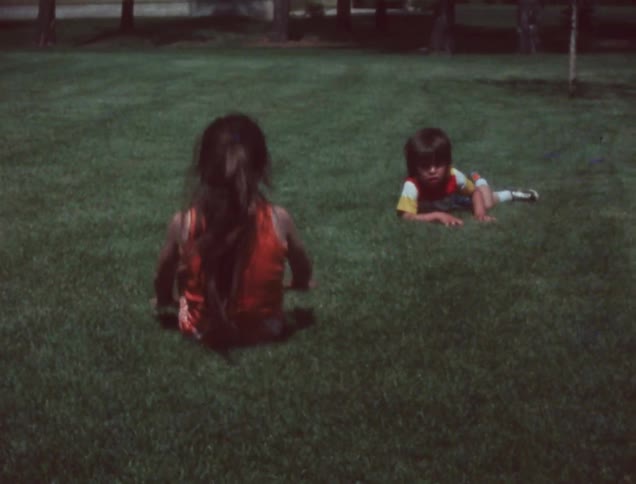Children play on the green lawn