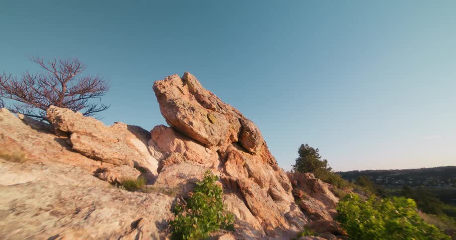Jagged rocks cover the peak of the mountain