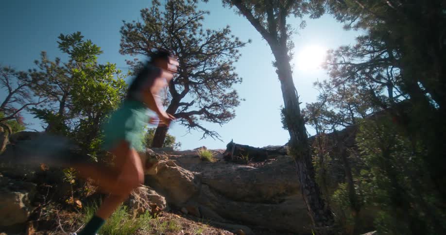 The sun is glaring down on the runner on the mountain