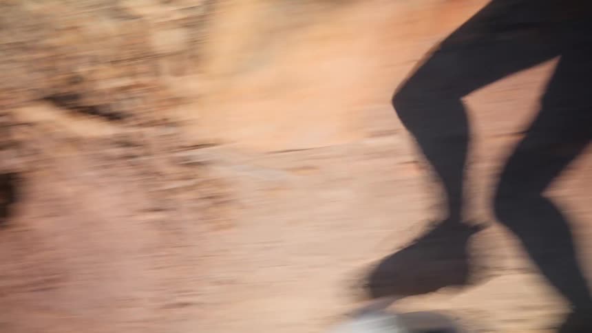 A persons shadow is seen running on a rocky mountain on a sunny day