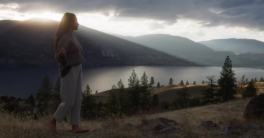 A woman holding a lantern stands on a hill at dawn overlooking a lake and mountains