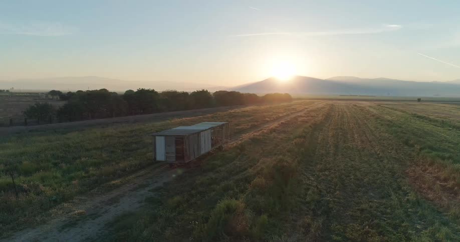 A hut stands in the middle of a farm with the orange setting sun visible in the background