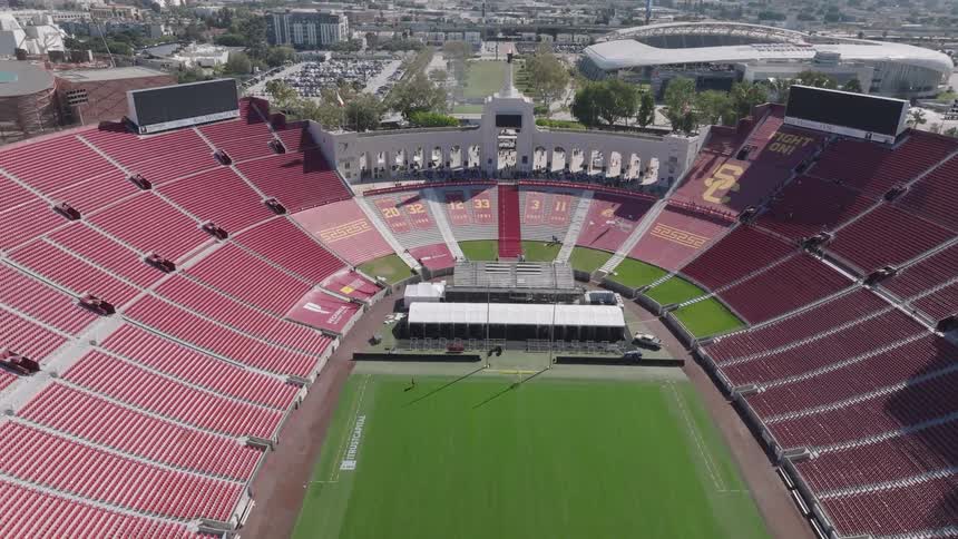 An aerial view inside the Los Angeles Memorial Coliseum stadium