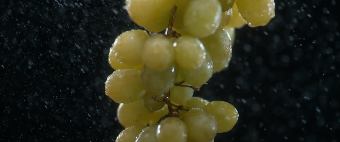 Water sprays a bunch of green grapes