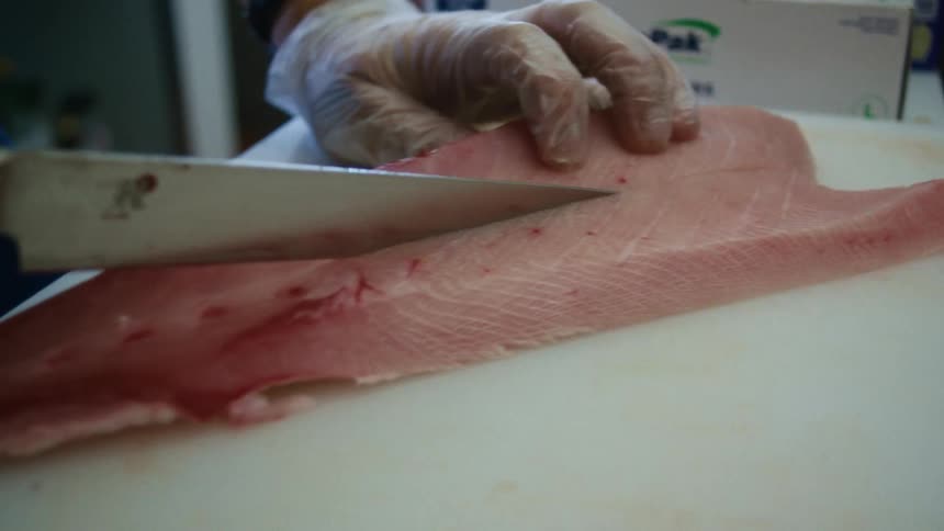 In a closeup shot a chef wearing disposable gloves uses a sharp knife to carefully slice a fresh raw tuna fillet on a white cutting board