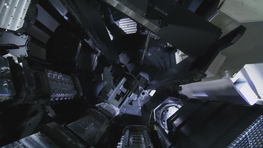 The machine spins and moves