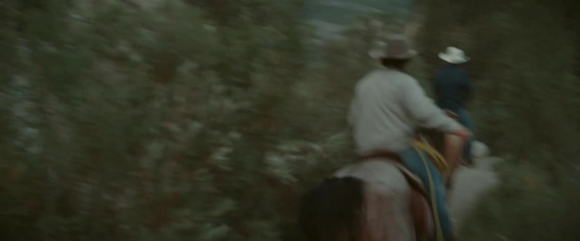 Two horsemen follow a narrow trail in a mountainous area covered in vegetation
