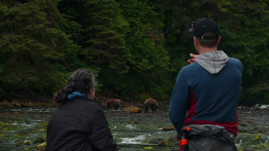 Man and woman by a river watching two bears