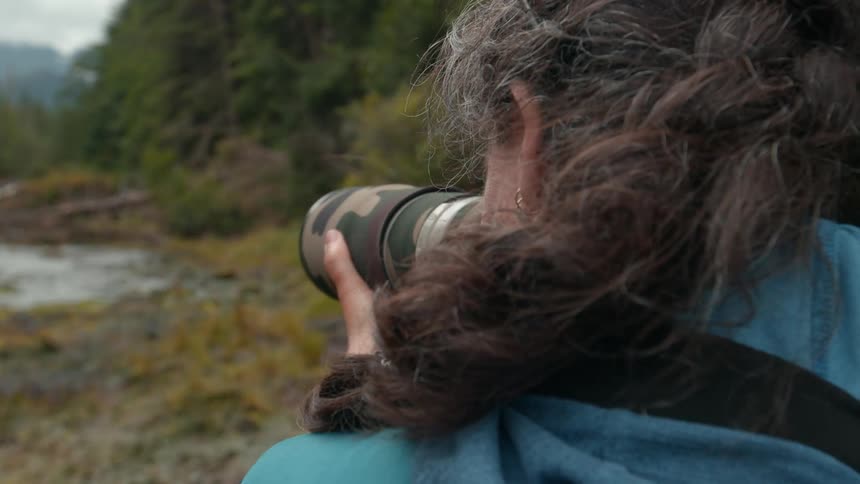 Photographer taking pictures of an animal crossing the stream