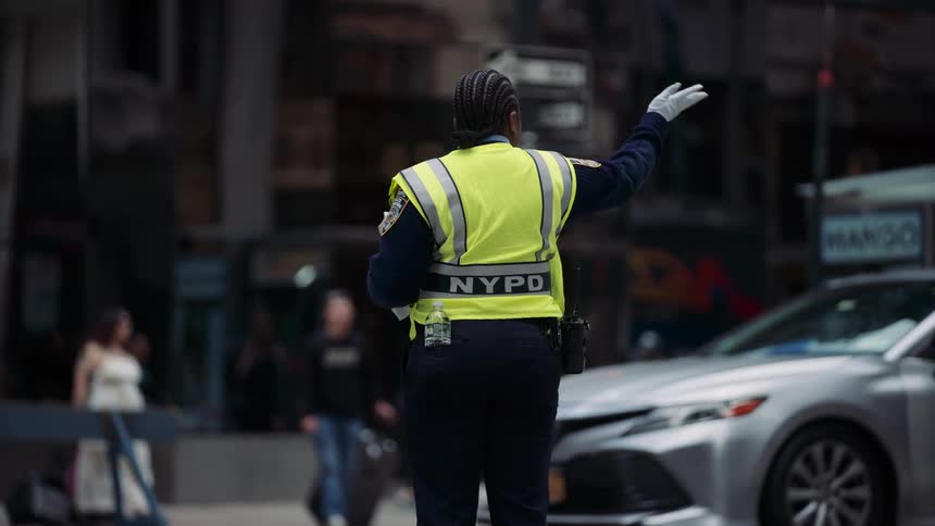 A traffic officer wearing an nypd vest directs vehicles on a busy city street standing near a silver car with pedestrians in the background
