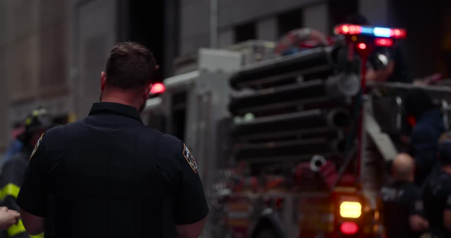 Firemen and police officers are outside the building