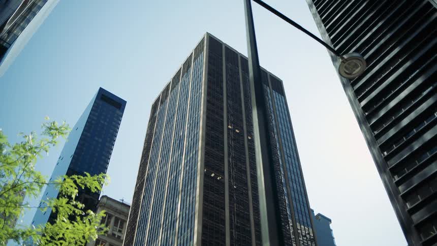 Upward view of modern buildings in a city