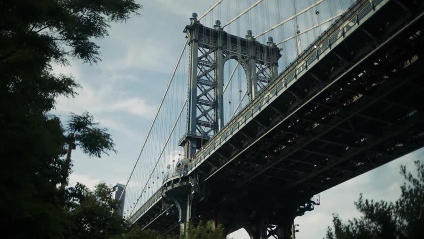 A suspension bridge stretches across the frame with trees in the foreground