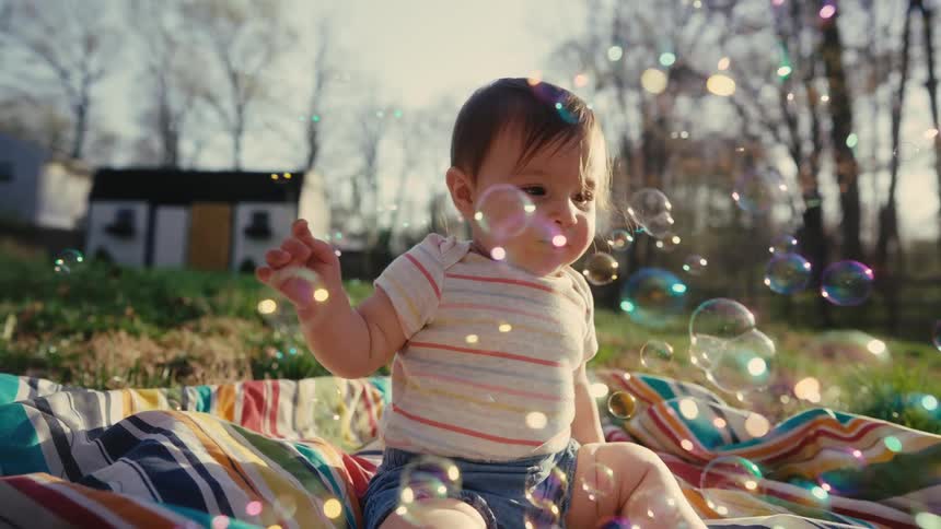 Baby plays with bubbles while sitting on a blanket outdoors