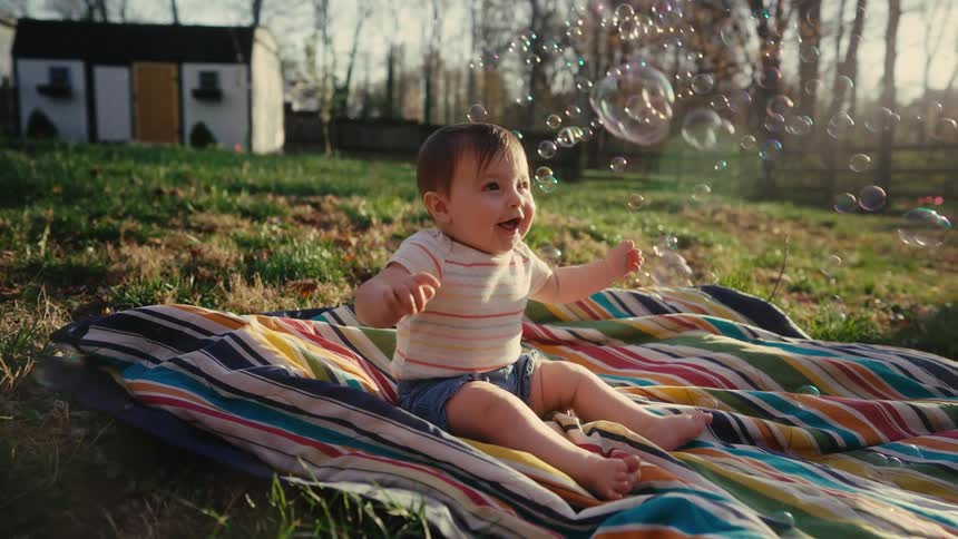 Baby sitting on colorful blanket smiles excitedly as soap bubbles float around