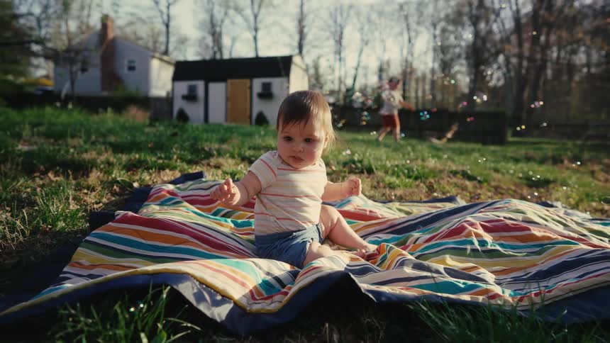 Toddler sitting on a blanket in the backyard looks at the bubbles created by a sibling running around during the daytime