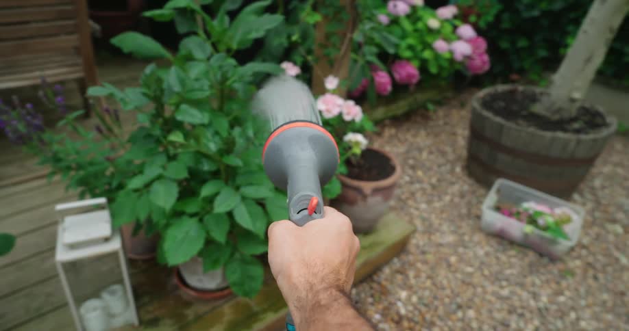 Point of view watering potted plants on wooden deck with a spray nozzle