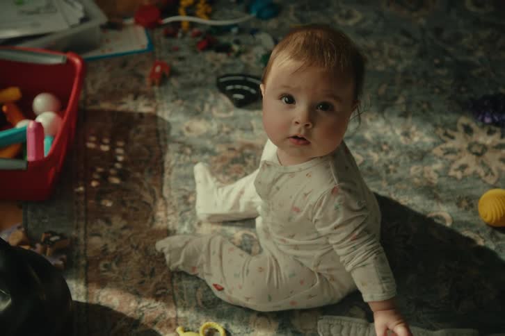 Baby in pajamas sitting in a room with toys