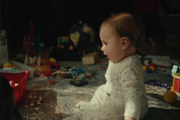 A baby sits on the floor and dances surrounded by toys in a cozy room