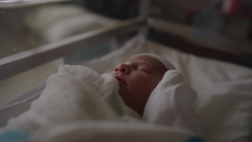 Baby lying down sleeping in a hospital crib