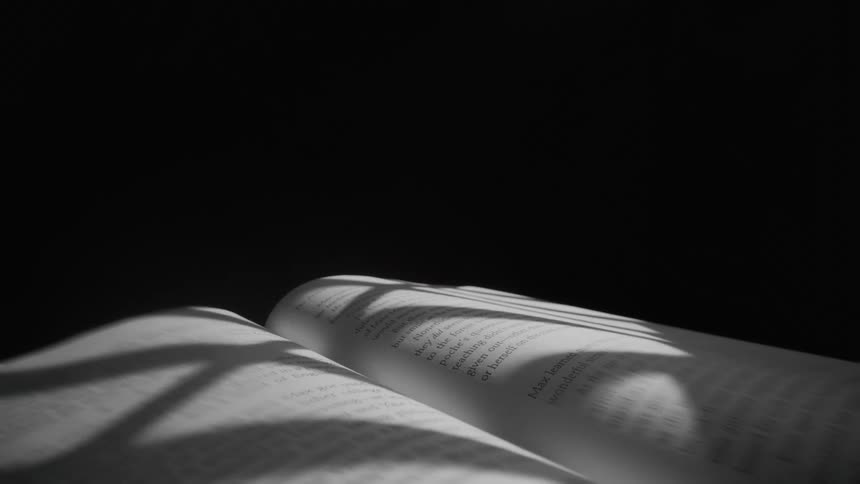 Open book with reflection of light and shadow