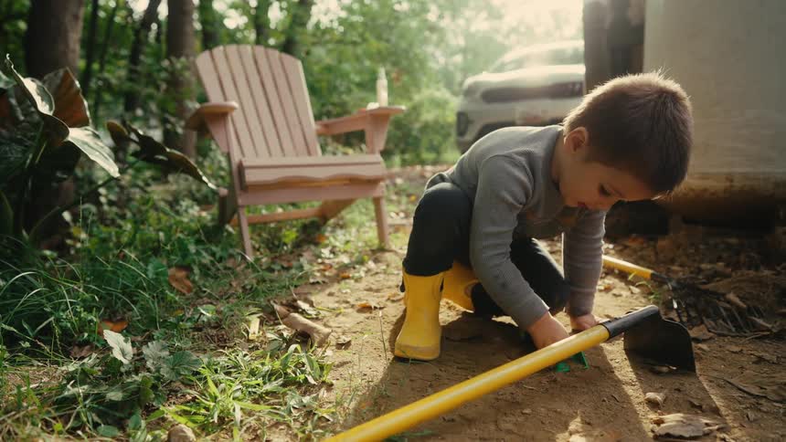 Boy playing with a toy car in a backyard