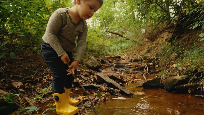 The boy digs in the creek with a long stick
