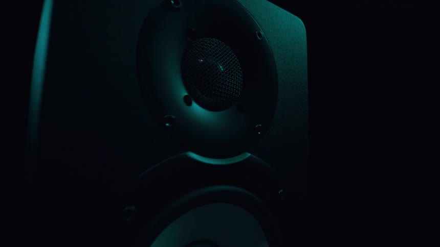 A black surround sound speaker that plays sounds