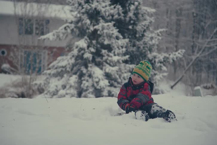 Young child sitting and playing in the snow in a wintry backyard