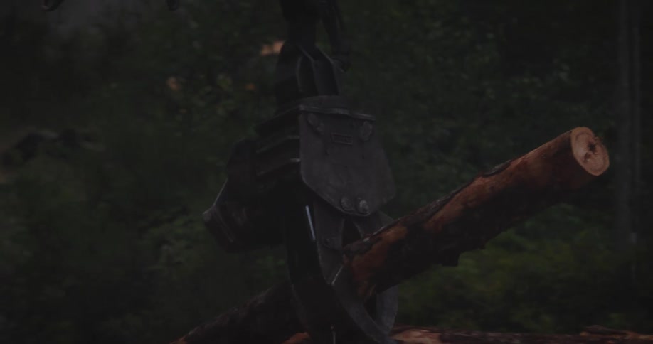 A closeup shows a large mechanical grapple lifting a single heavy log from a pile at a logging site