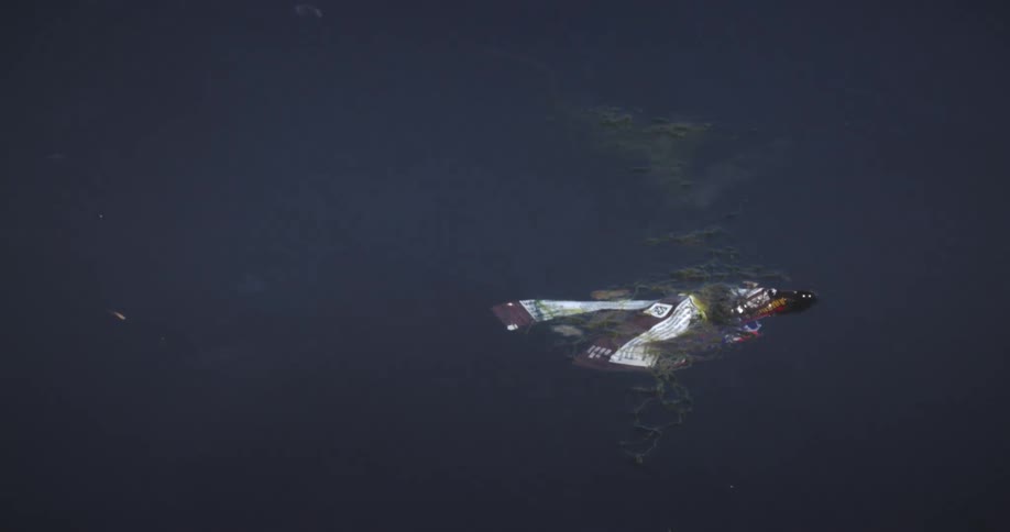 A wrapper floats in the water