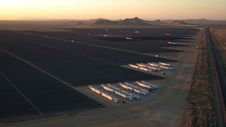 Aerial view of solar panels and battery storage on a vast terrain with mountains in the haze