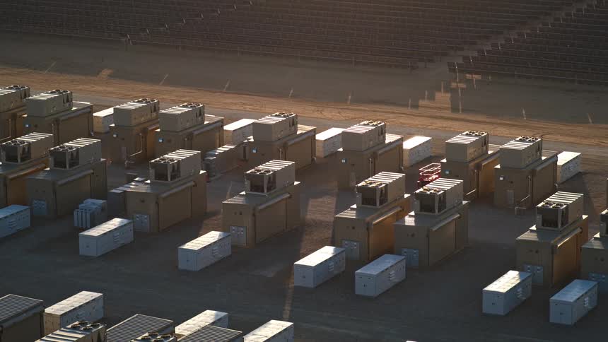Compact battery power units line a solar farm under golden evening light
