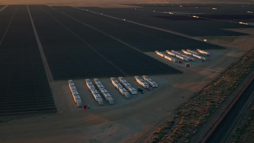 Rows of solar panels stretch across a vast desert landscape with battery storage units in foreground