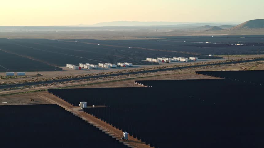 Aerial view of a vast solar farm stretching across a desert landscape at sunset