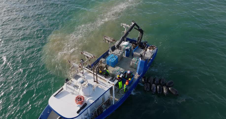 Fishermen are working on the moving boat