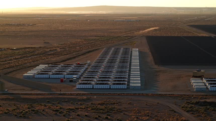 Aerial view of the desert with a large battery energy storage system