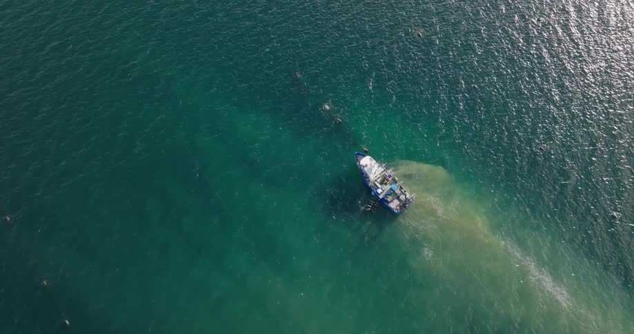 Aerial shot of a boat on a vast sea in a turquoise blue sea