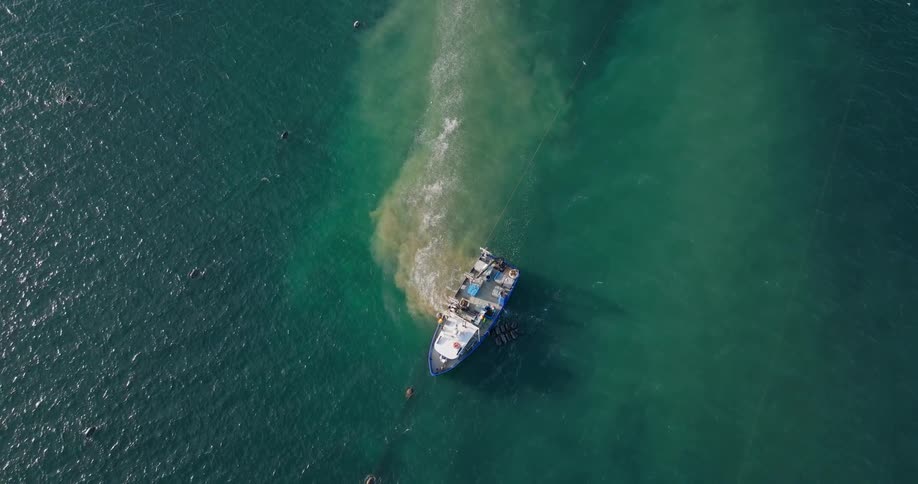 Aerial shot of a boat on a small island in the ocean