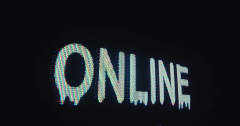 The word online on a screen distorts with a melting glitch effect before transitioning to the word offline