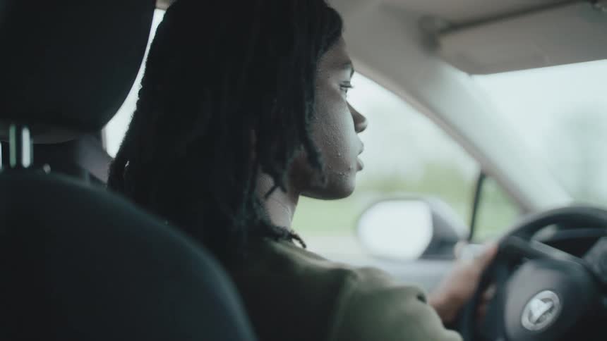A side profile of a person with long dark hair driving a car the interior of the car is visible along with the blurred view of a road and trees through the windows suggesting movement